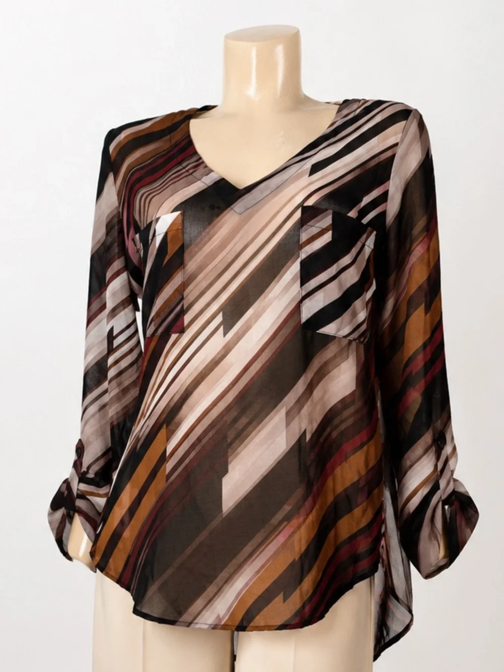 La Château Abstract Sheer Blouse Medium | Roll Tab Sleeve Career Chic Top - Picture 2 of 8